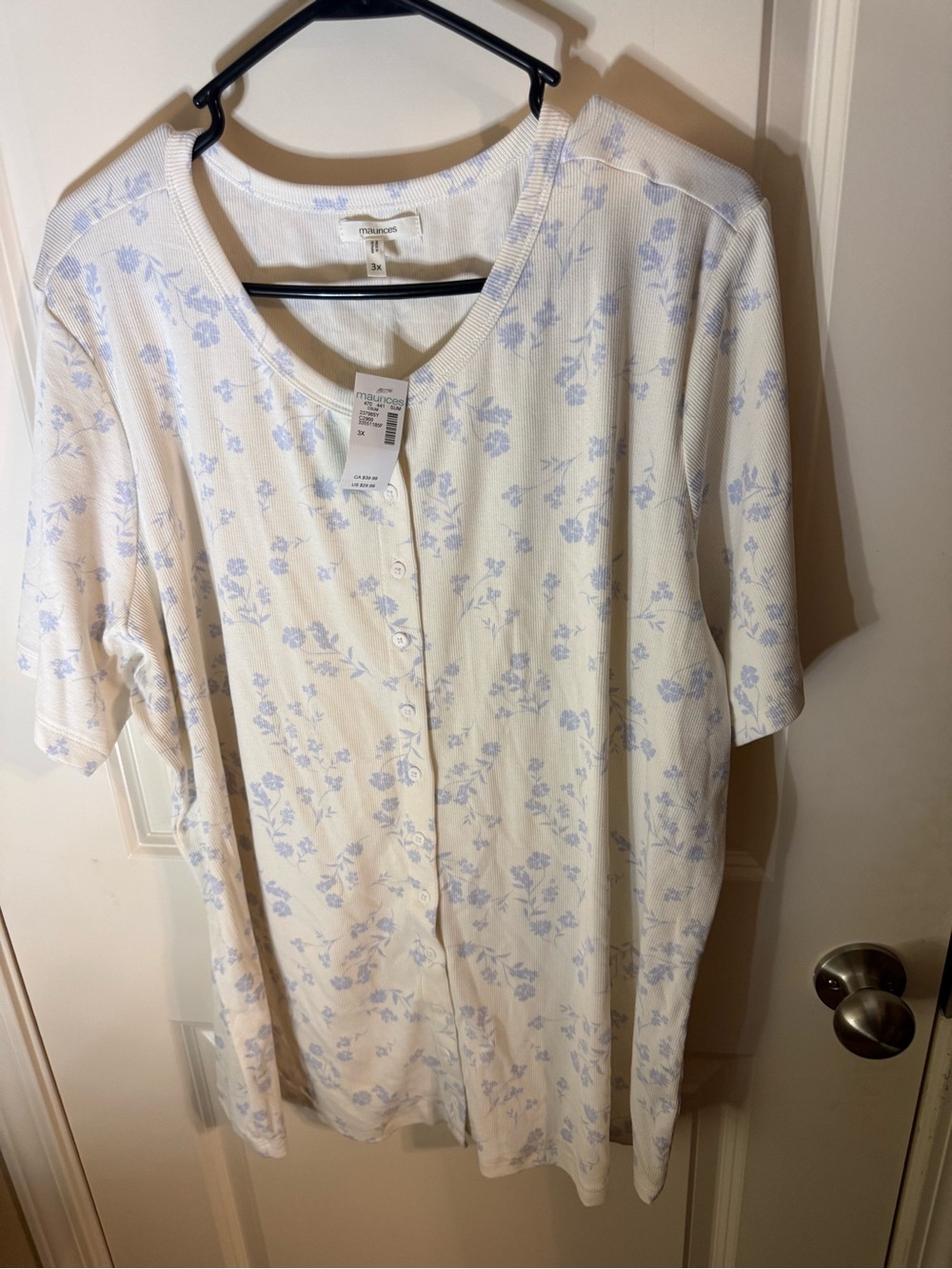 Maurices Floral Ribbed Henley Top Womens 3X Blue White Short Sleeve
